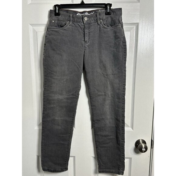 Eddie Bauer Women's Flannel Lines Boyfriend Jeans Size Petite 4 Gray Relaxed Fit - Picture 1 of 16